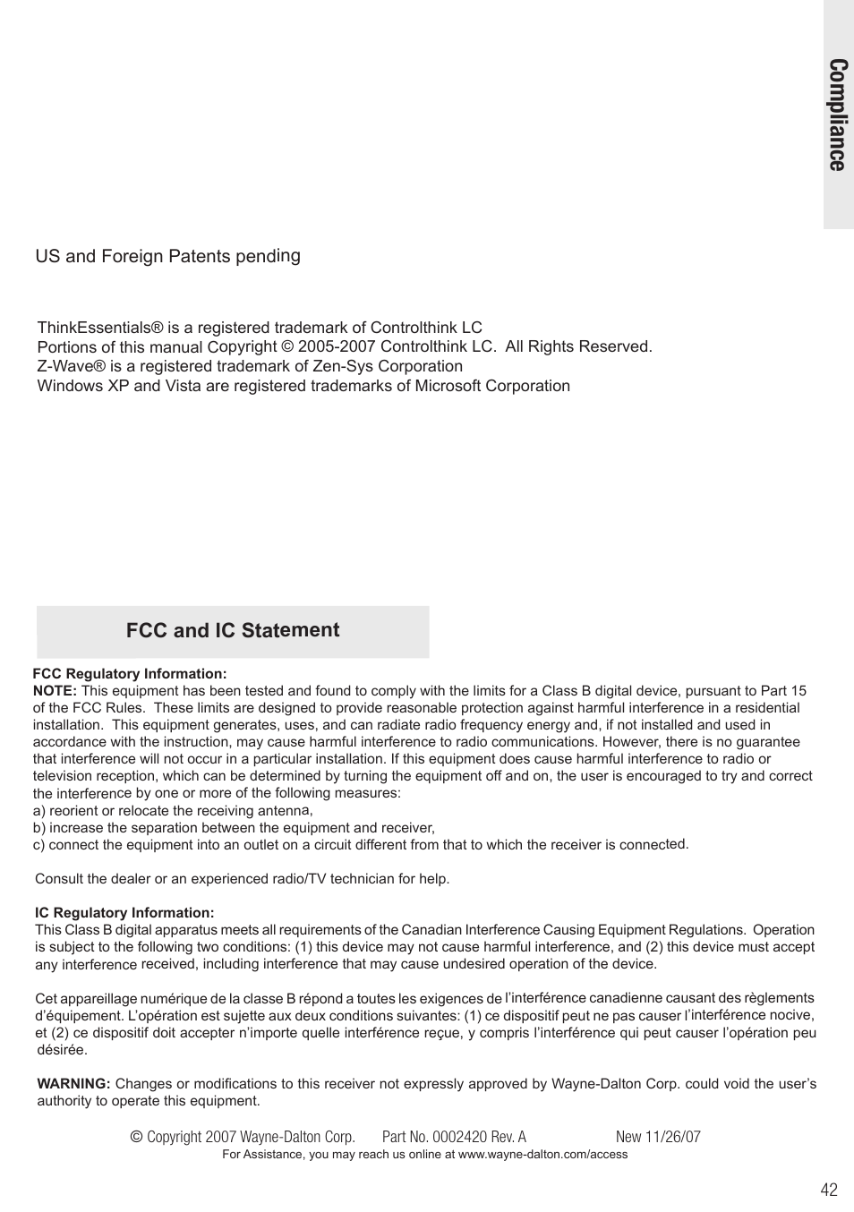 Compliance, Fcc and ic statement, Us and foreign patents pending | Wayne-Dalton Z-Wave WDUSB-10 User Manual | Page 42 / 42