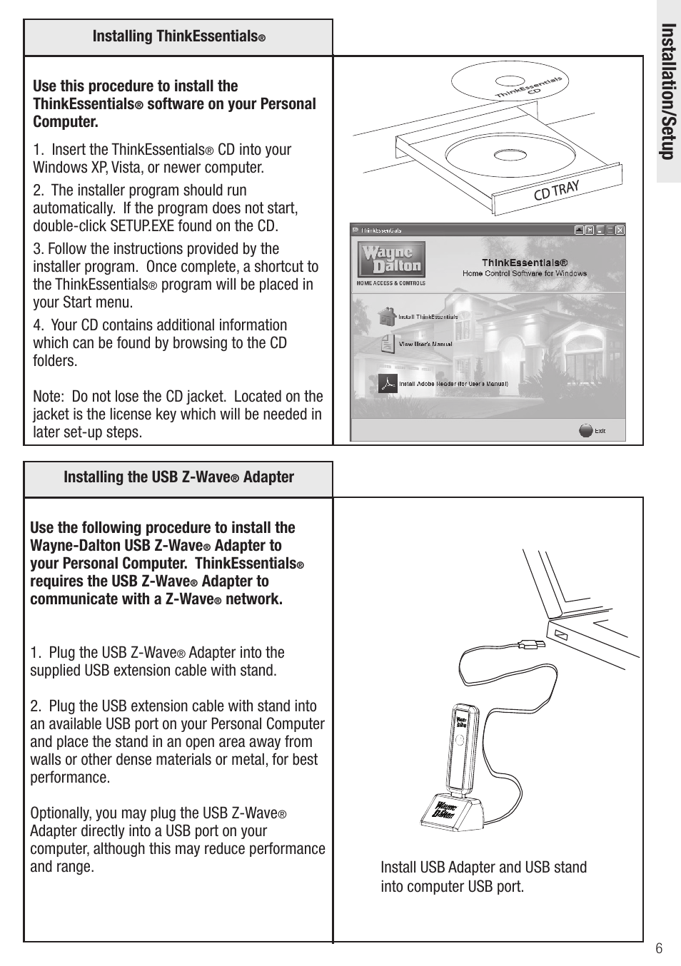 Installation/setup | Wayne-Dalton Z-Wave WDUSB-10 User Manual | Page 6 / 42