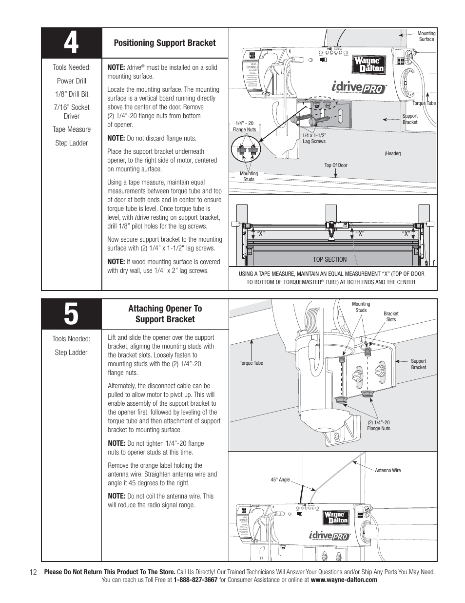 Positioning support bracket, Attaching opener to support bracket, Tools needed: step ladder | Wayne-Dalton IDRIVE PRO 3790-Z User Manual | Page 18 / 52