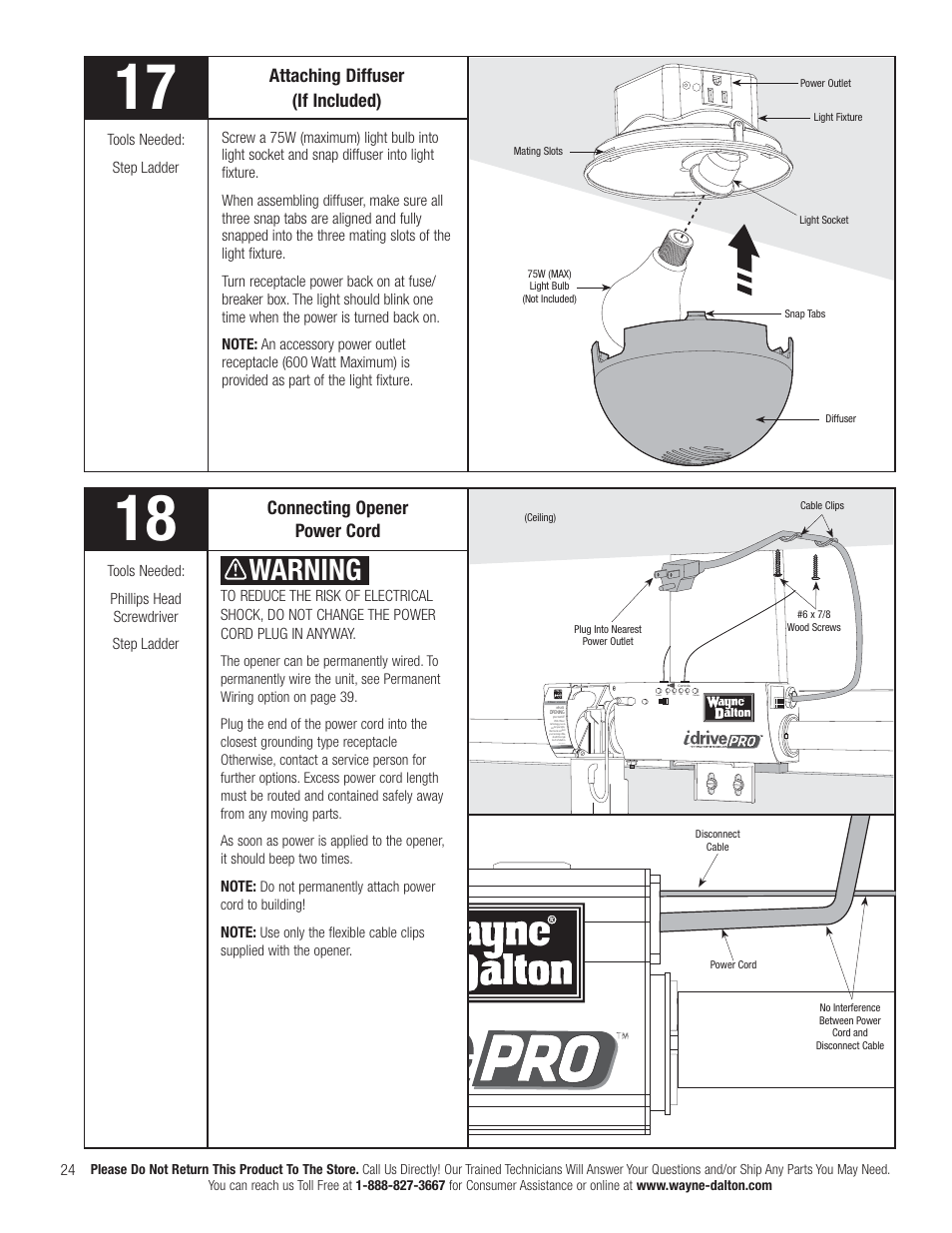 Warning, Connecting opener power cord, Attaching diffuser (if included) | Wayne-Dalton IDRIVE PRO 3790-Z User Manual | Page 30 / 52