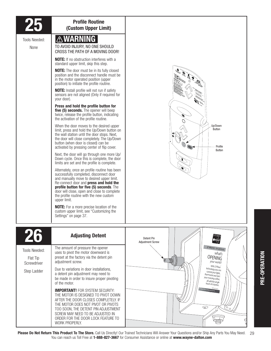 Warning, Pre-opera tion, Opening | Wayne-Dalton IDRIVE PRO 3790-Z User Manual | Page 35 / 52