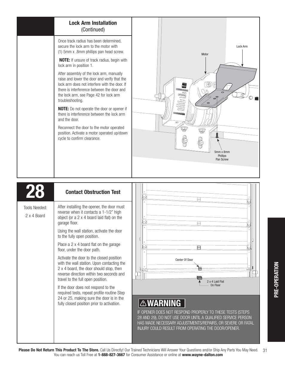 Warning, Pre-opera tion, Lock arm installation (continued) | Contact obstruction test | Wayne-Dalton IDRIVE PRO 3790-Z User Manual | Page 37 / 52