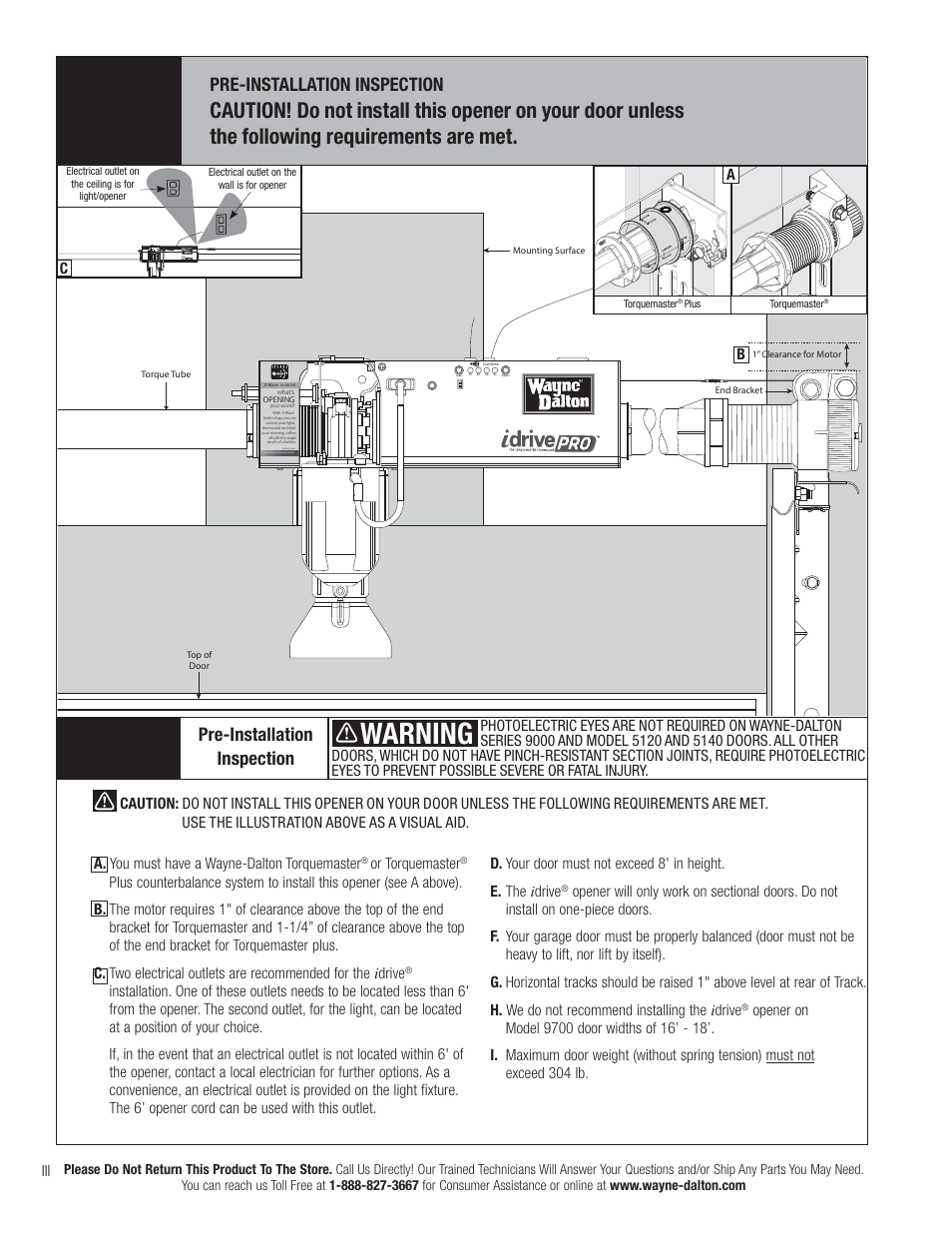 Warning, Pre-installation inspection, A. you must have a wayne-dalton torquemaster | Or torquemaster, Cb a | Wayne-Dalton IDRIVE PRO 3790-Z User Manual | Page 4 / 52