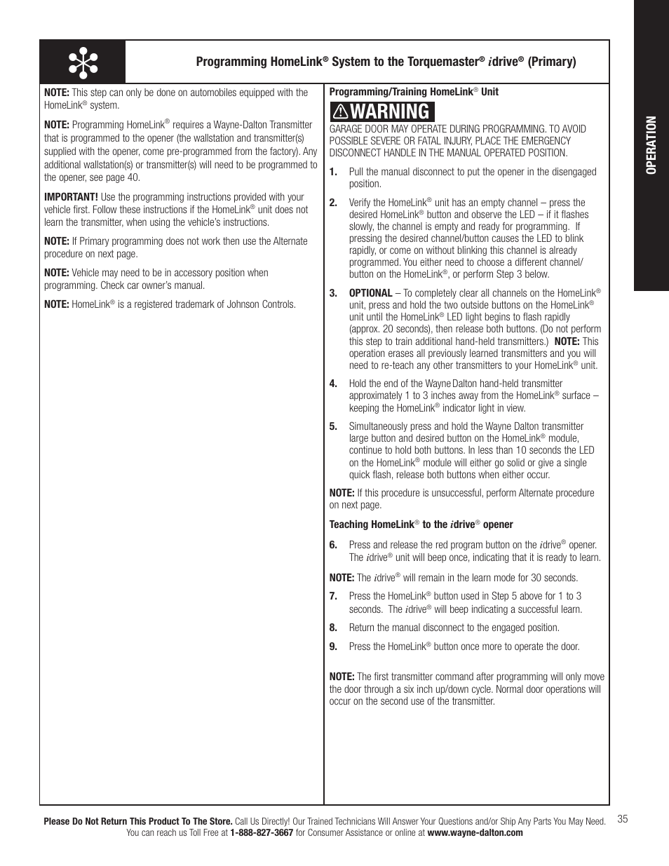 Warning, Opera tion programming homelink, System to the torquemaster | I drive, Primary) | Wayne-Dalton IDRIVE PRO 3790-Z User Manual | Page 41 / 52