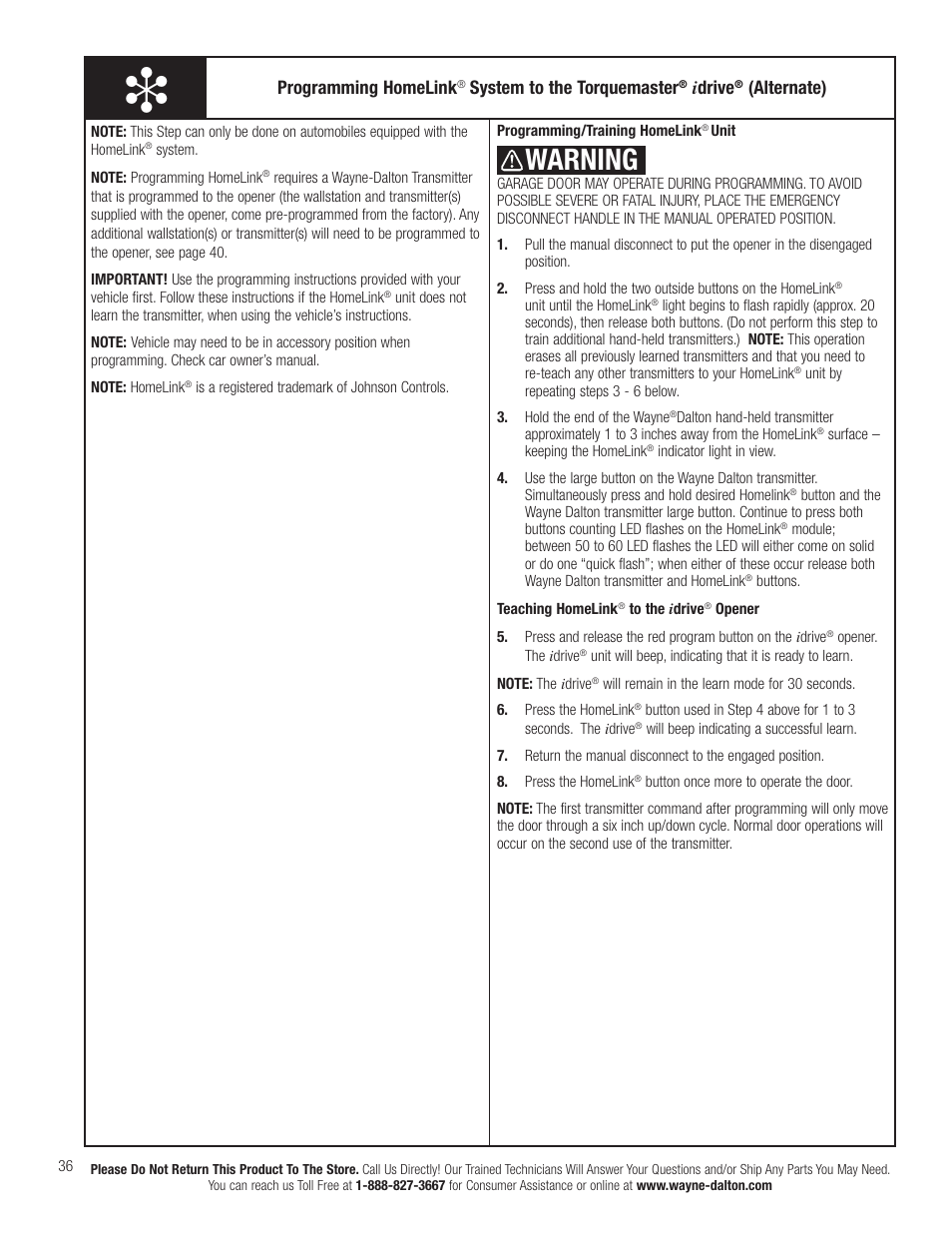 Warning, Programming homelink, System to the torquemaster | I drive, Alternate) | Wayne-Dalton IDRIVE PRO 3790-Z User Manual | Page 42 / 52
