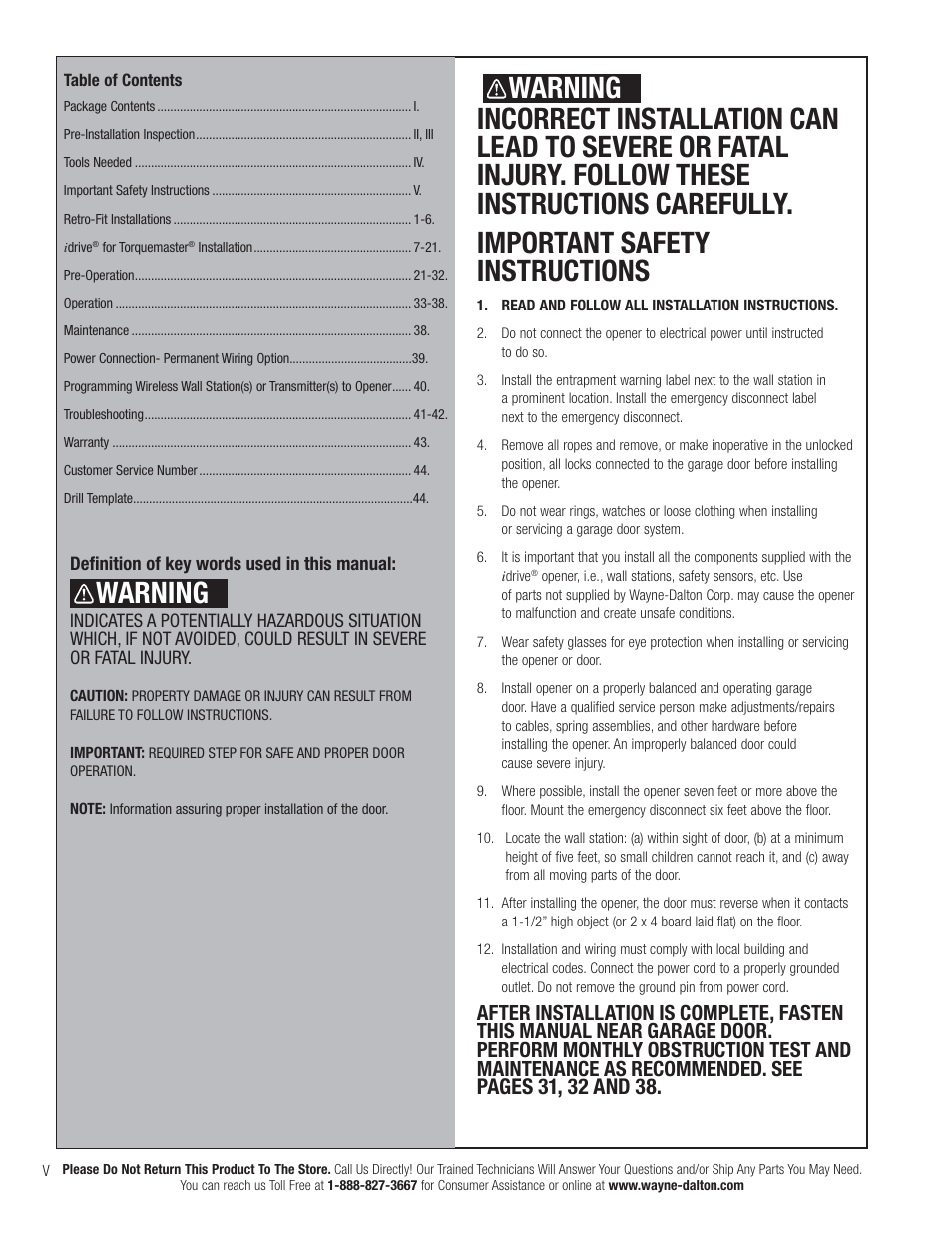 Warning | Wayne-Dalton IDRIVE PRO 3790-Z User Manual | Page 6 / 52