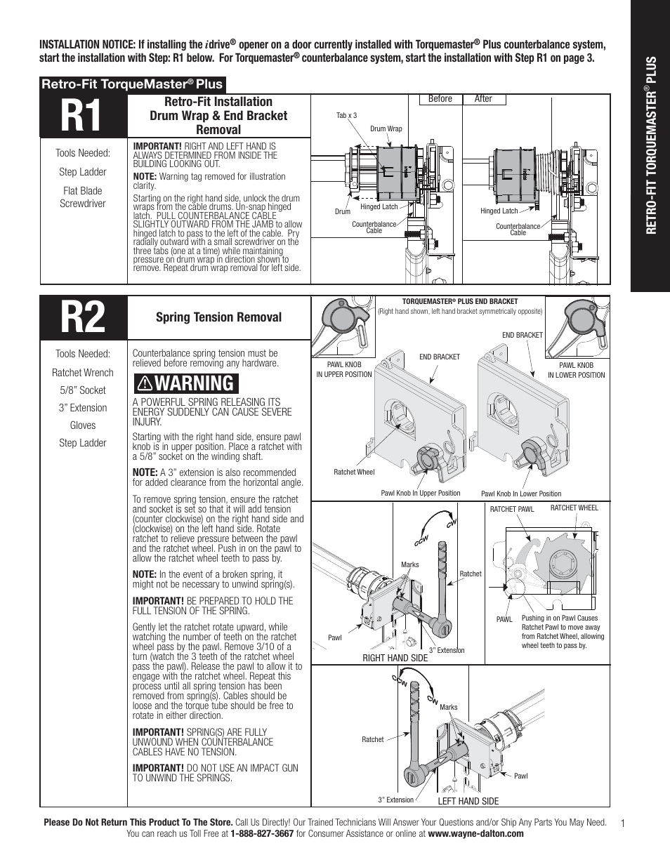 Warning, Spring tension removal, Retro-fit torquemaster | Plus | Wayne-Dalton IDRIVE PRO 3790-Z User Manual | Page 7 / 52