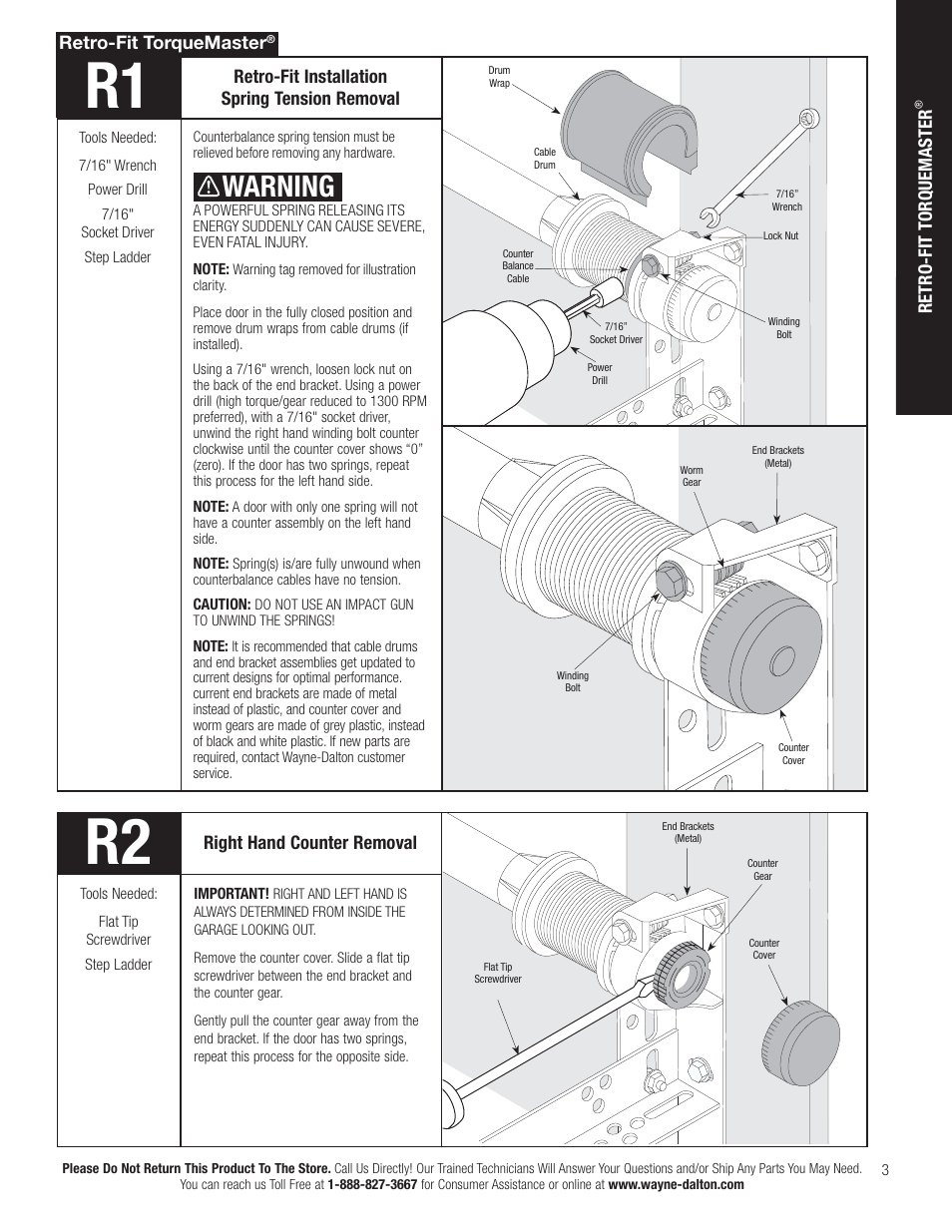Warning, Retro-fit installation spring tension removal, Right hand counter removal | Retro-fit torquemaster | Wayne-Dalton IDRIVE PRO 3790-Z User Manual | Page 9 / 52