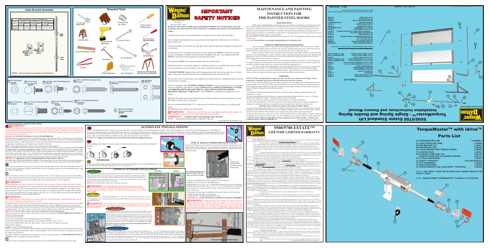 Important safety notices, Torquemaster™ with idrive™ parts list, Installation instr uctions and owners manual | Alternate installations, Lifetime limited warranty, Jamb bracket schedule, Required tools, Warning, Parts list, Optional accessory installations | Wayne-Dalton TORQUEMASTER 5500 User Manual | Page 2 / 2