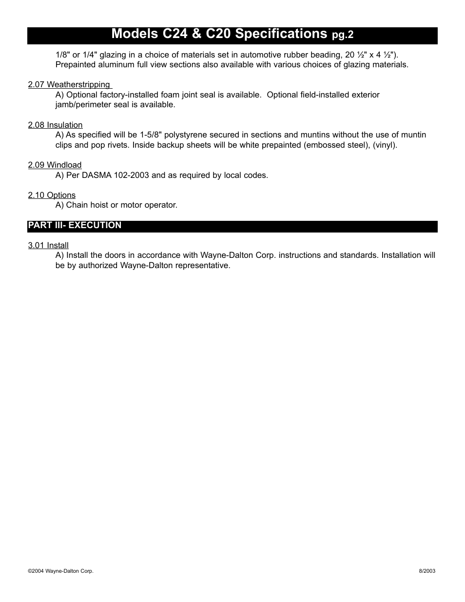 Models c24 & c20 specifications, Pg.2 | Wayne-Dalton C20 User Manual | Page 2 / 2