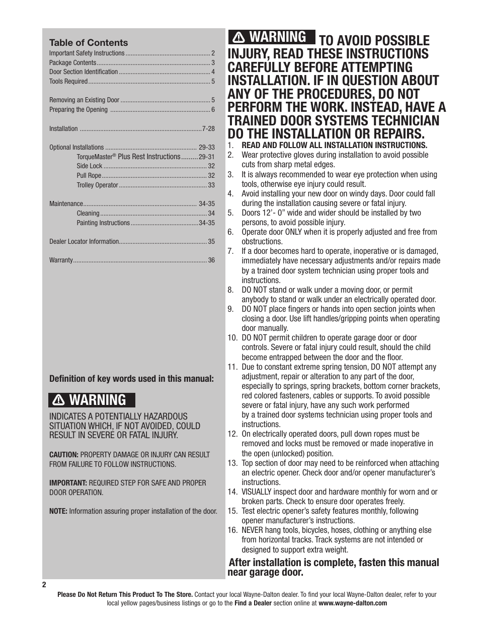 Warning | Wayne-Dalton TORQUEMASTER 6100 User Manual | Page 2 / 36