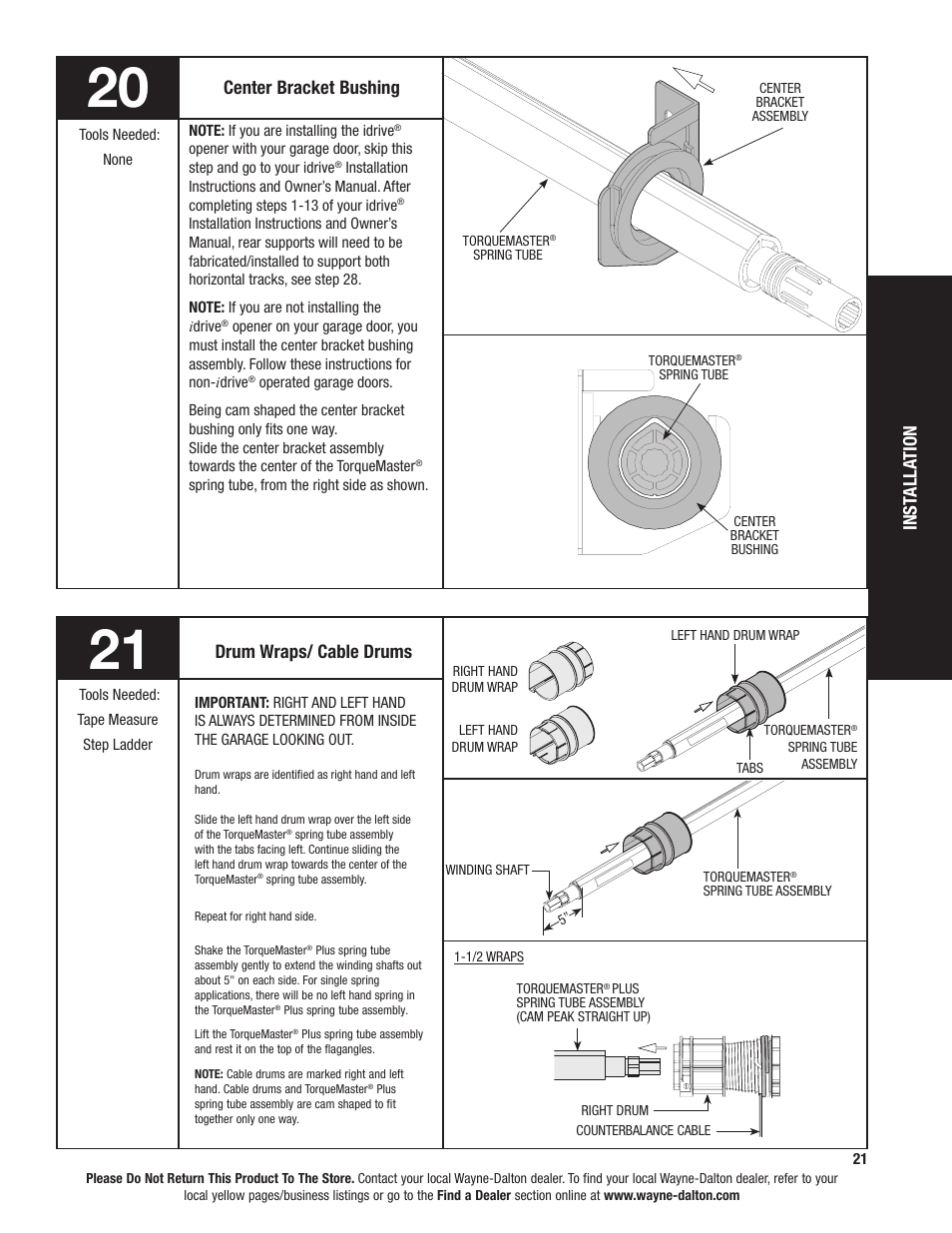 Center bracket bushing, Inst all ation, Drum wraps/ cable drums | Wayne-Dalton TORQUEMASTER 6100 User Manual | Page 21 / 36