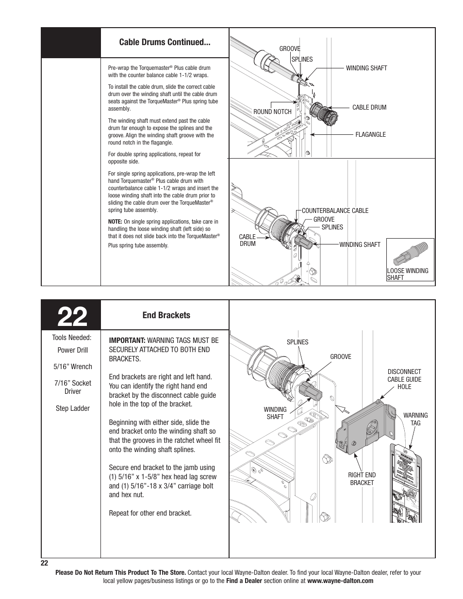 End brackets, Cable drums continued, Tools needed: 22 tools needed | Wayne-Dalton TORQUEMASTER 6100 User Manual | Page 22 / 36