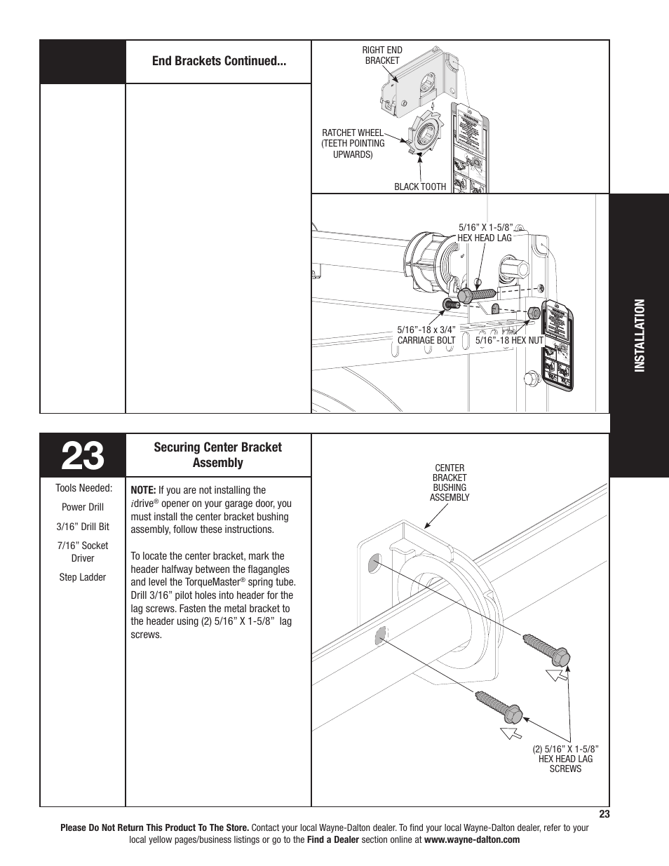 Inst all ation, End brackets continued, Securing center bracket assembly | Wayne-Dalton TORQUEMASTER 6100 User Manual | Page 23 / 36