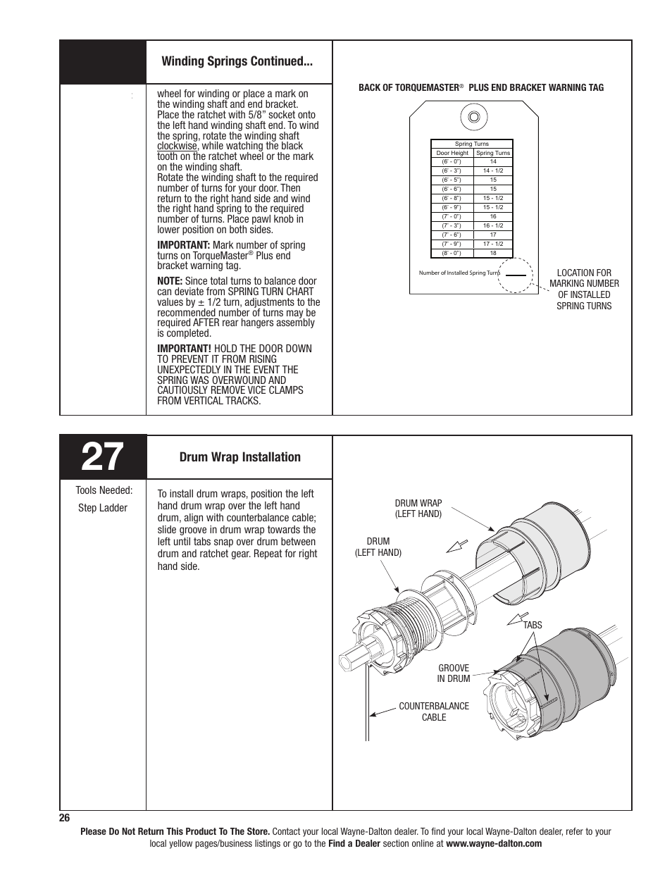 Drum wrap installation, Winding springs continued | Wayne-Dalton TORQUEMASTER 6100 User Manual | Page 26 / 36