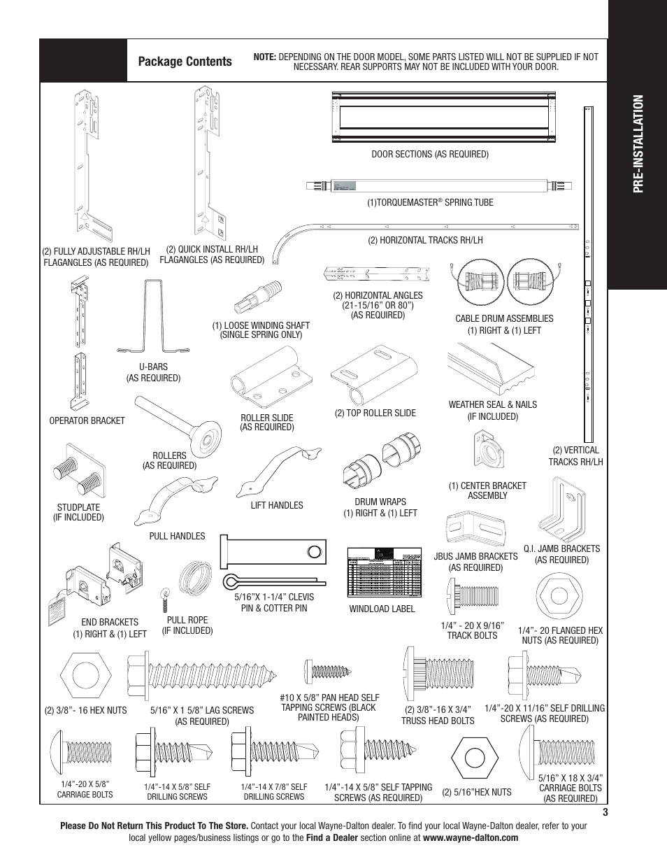 Package contents, Pre-inst all ation | Wayne-Dalton TORQUEMASTER 6100 User Manual | Page 3 / 36