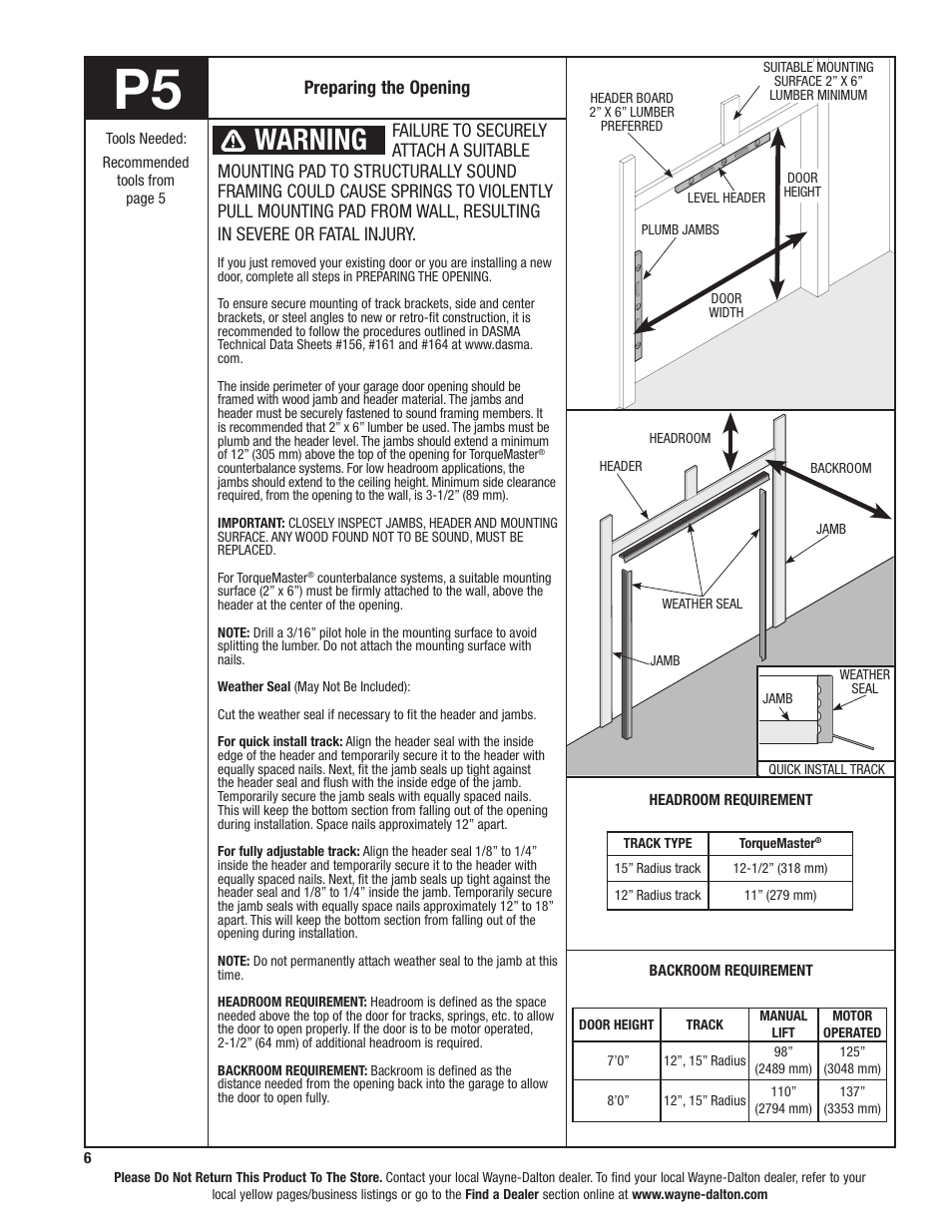 Warning | Wayne-Dalton TORQUEMASTER 6100 User Manual | Page 6 / 36
