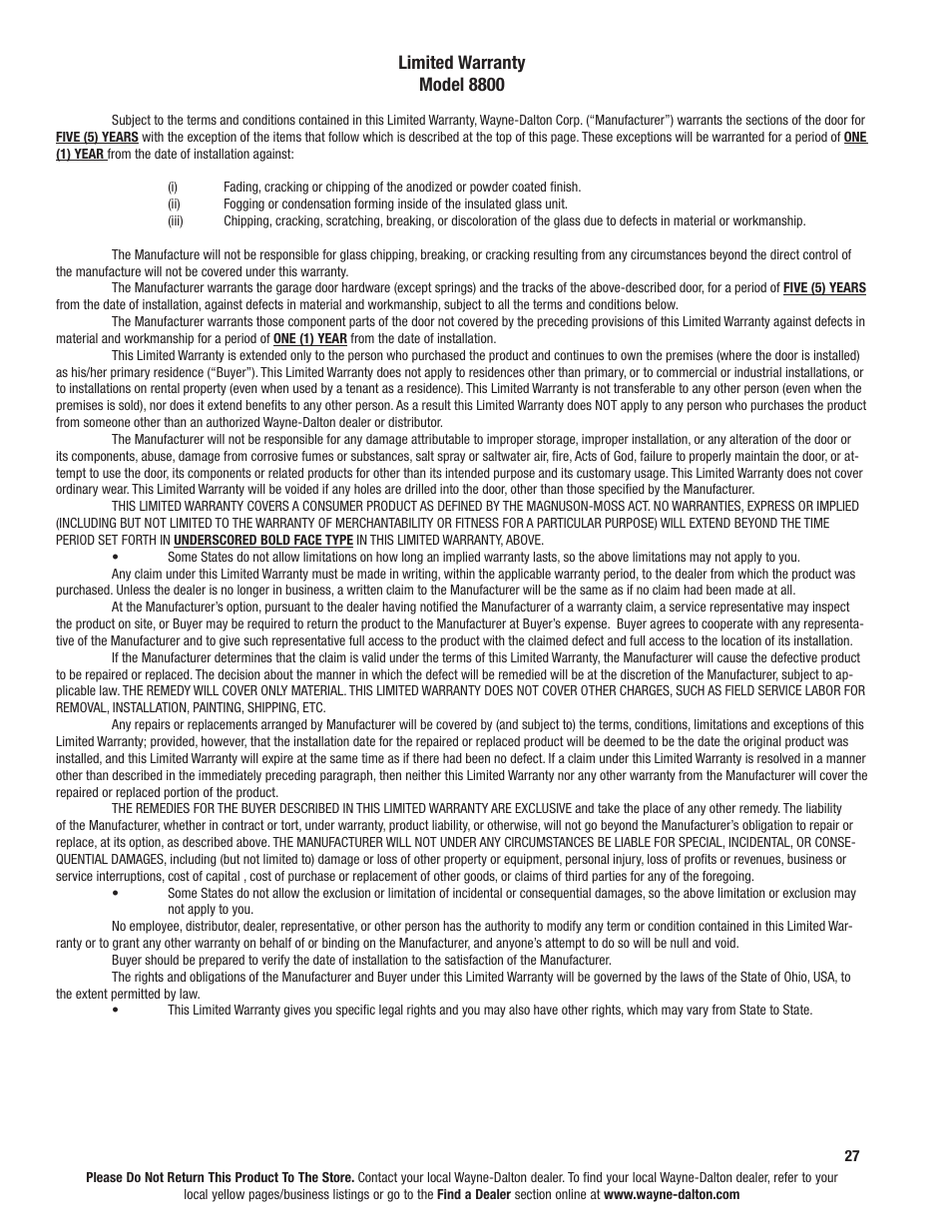 Limited warranty model 8800 | Wayne-Dalton 8800 User Manual | Page 27 / 28