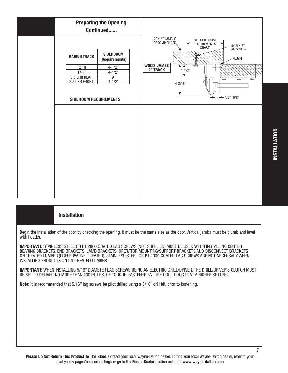 Inst alla tio n, Preparing the opening continued, Installation | Wayne-Dalton 8800 User Manual | Page 7 / 28