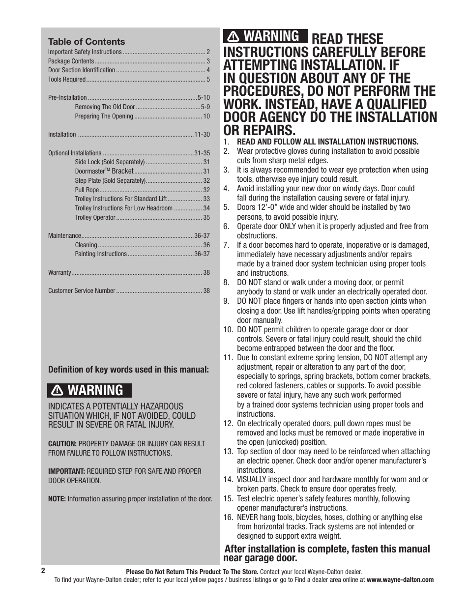 Warning | Wayne-Dalton TORQUEMASTER 5120 User Manual | Page 2 / 38