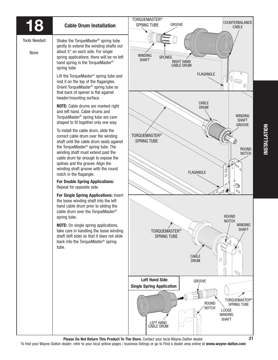 Inst all ation, Cable drum installation | Wayne-Dalton TORQUEMASTER 5120 User Manual | Page 21 / 38