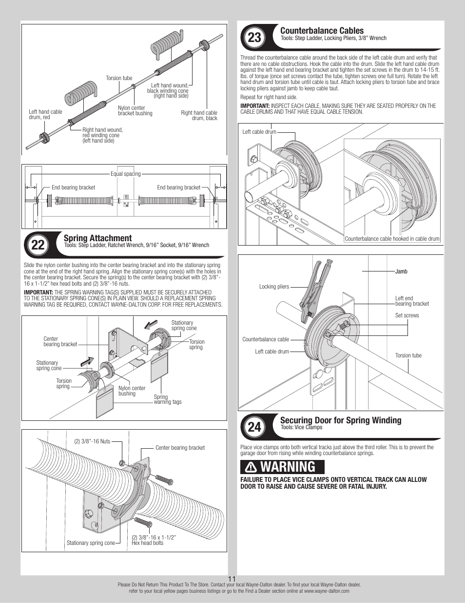 Warning, Spring attachment, Counterbalance cables | Securing door for spring winding | Wayne-Dalton 8500 User Manual | Page 11 / 18