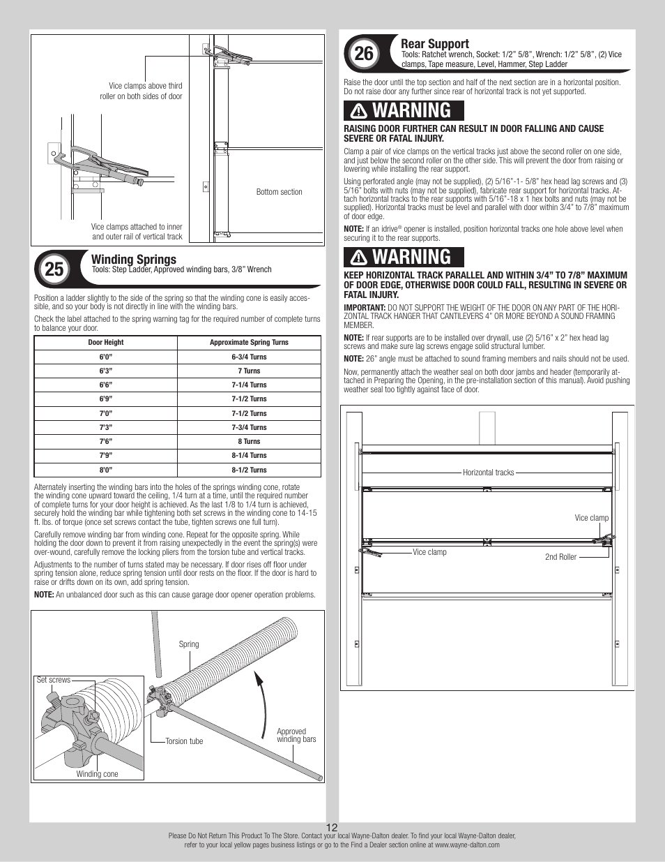 Warning, Winding springs, Rear support | Wayne-Dalton 8500 User Manual | Page 12 / 18