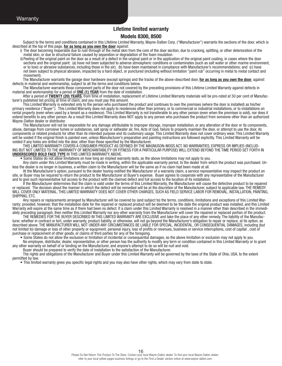 Warranty | Wayne-Dalton 8500 User Manual | Page 16 / 18