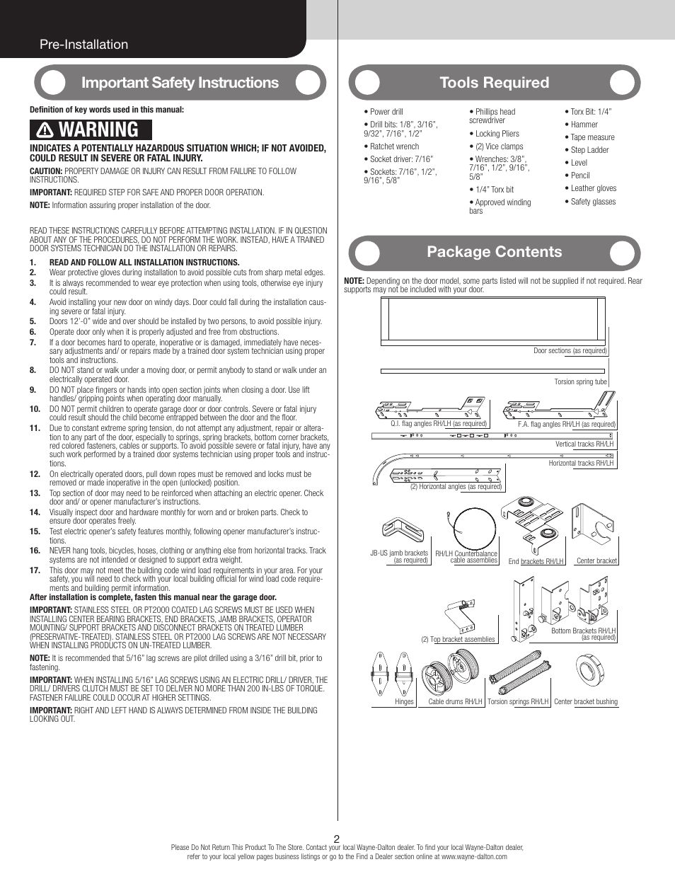 Warning, Important safety instructions, Tools required | Package contents, Pre-installation | Wayne-Dalton 8500 User Manual | Page 2 / 18