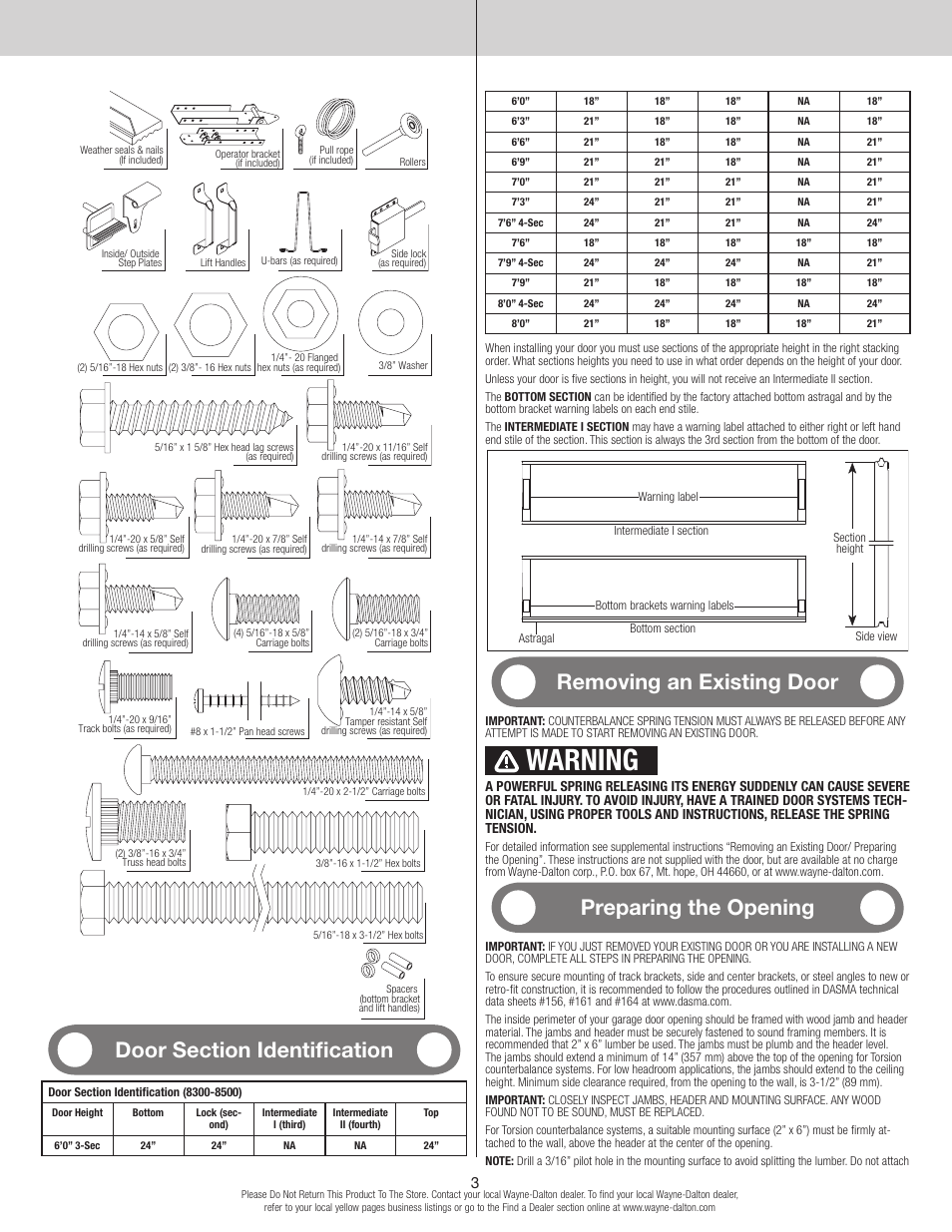 Warning, Removing an existing door, Preparing the opening | Wayne-Dalton 8500 User Manual | Page 3 / 18