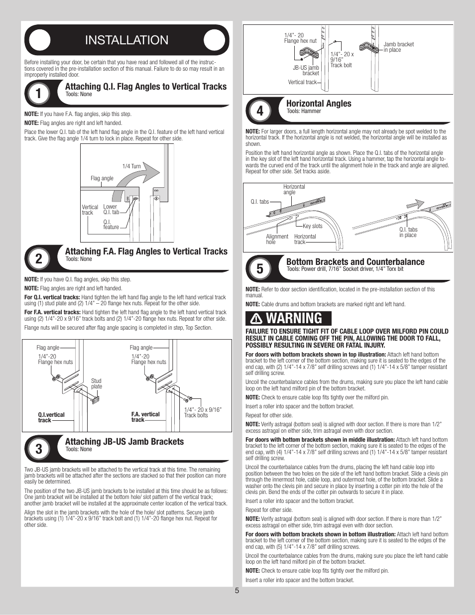 Warning, Installation, Attaching q.i. flag angles to vertical tracks | Attaching f.a. flag angles to vertical tracks, Attaching jb-us jamb brackets, Horizontal angles, Bottom brackets and counterbalance | Wayne-Dalton 8500 User Manual | Page 5 / 18