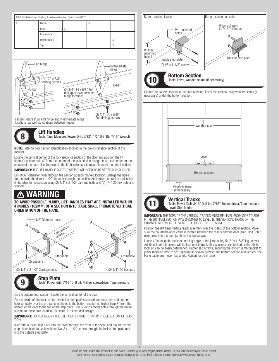 Warning, Lift handles, Step plate | Vertical tracks | Wayne-Dalton 8500 User Manual | Page 7 / 18