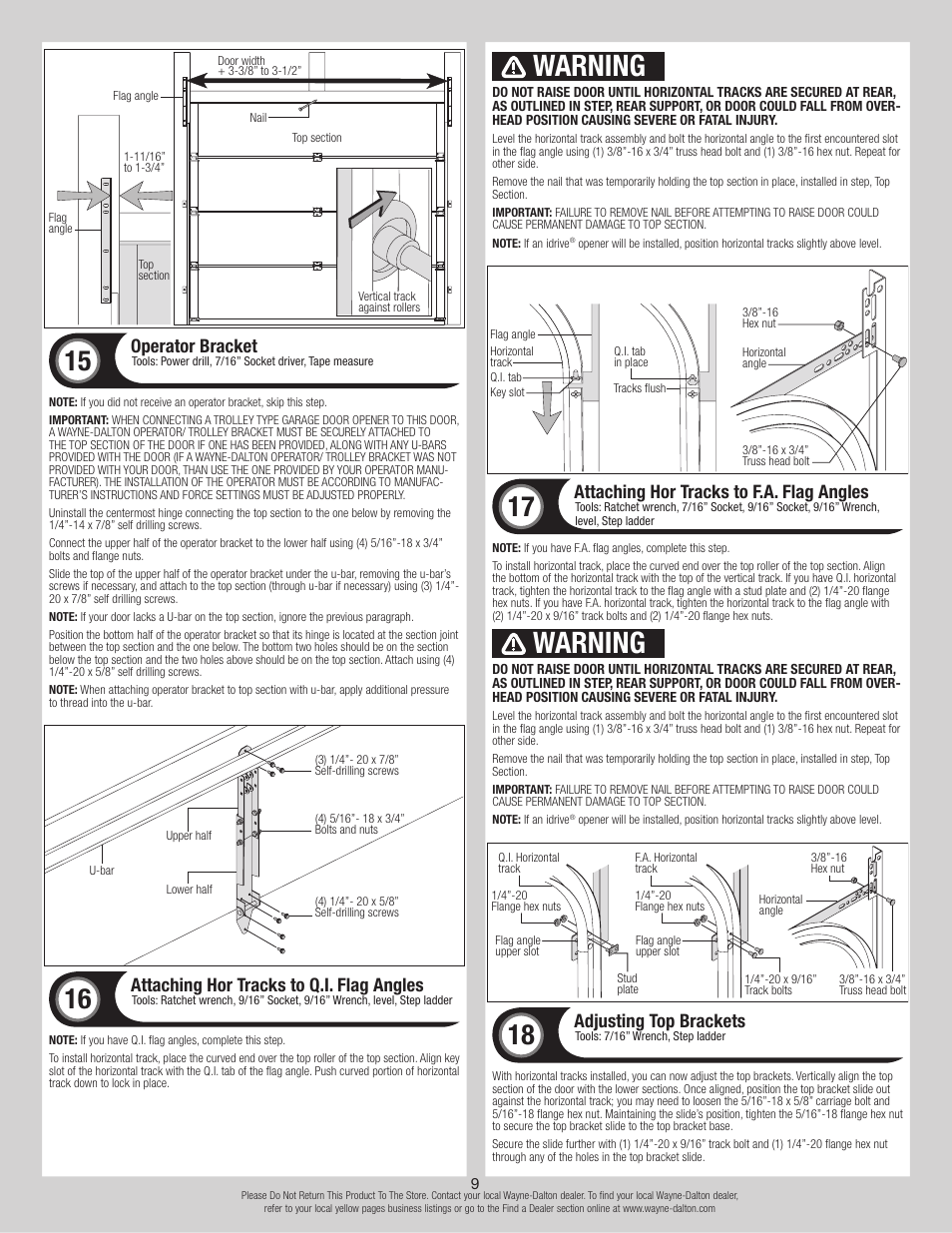 Warning, Operator bracket, Attaching hor tracks to q.i. flag angles | Attaching hor tracks to f.a. flag angles, Adjusting top brackets | Wayne-Dalton 8500 User Manual | Page 9 / 18