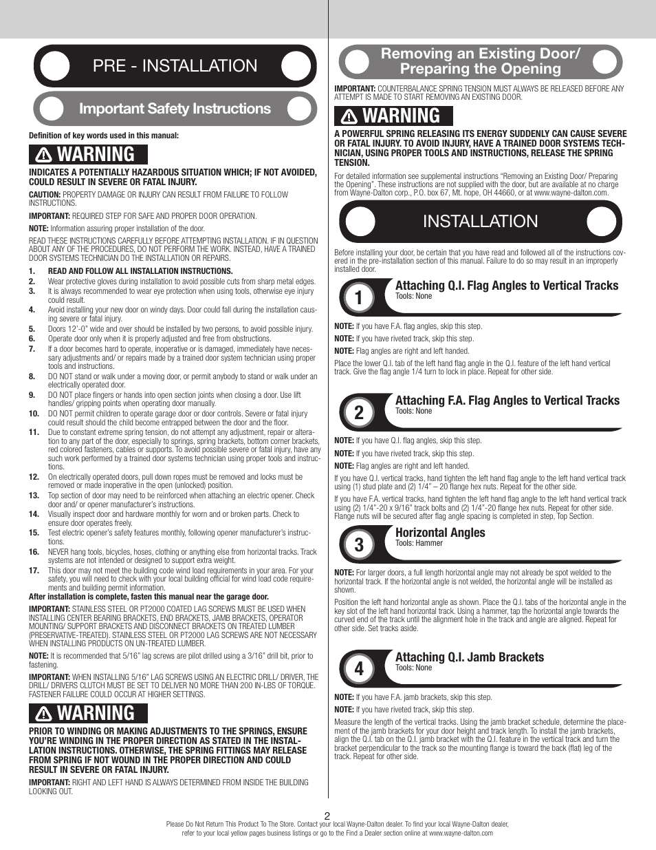 Warning, Pre - installation, Installation | Important safety instructions, Removing an existing door/ preparing the opening, Attaching q.i. flag angles to vertical tracks, Attaching f.a. flag angles to vertical tracks, Horizontal angles, Attaching q.i. jamb brackets | Wayne-Dalton 9600 User Manual | Page 2 / 8