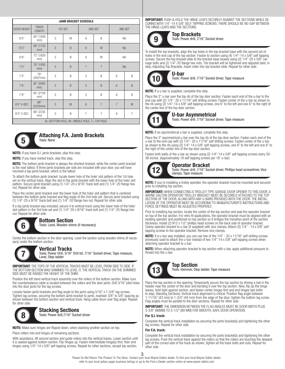 Attaching f.a. jamb brackets, Vertical tracks, Top brackets | U-bar, U-bar asymmetrical, Operator bracket | Wayne-Dalton 9600 User Manual | Page 3 / 8