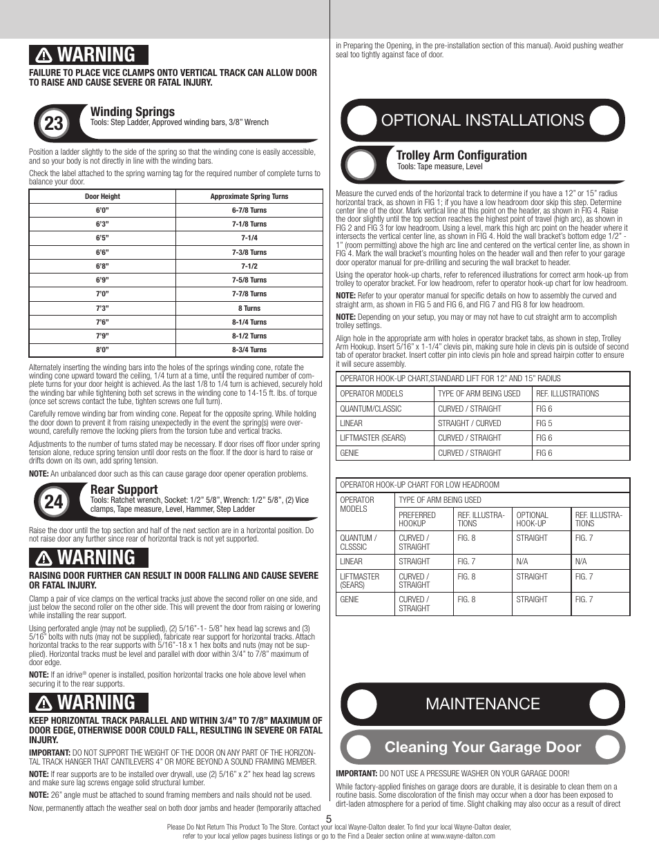 Warning, Optional installations, Maintenance | Cleaning your garage door, Winding springs, Rear support, Trolley arm configuration | Wayne-Dalton 9600 User Manual | Page 5 / 8