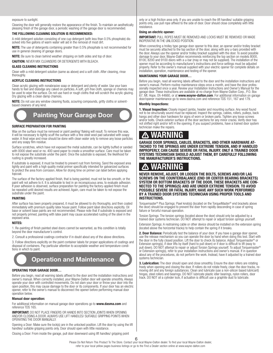 Warning, Painting your garage door, Operation and maintenance | Wayne-Dalton 9600 User Manual | Page 6 / 8