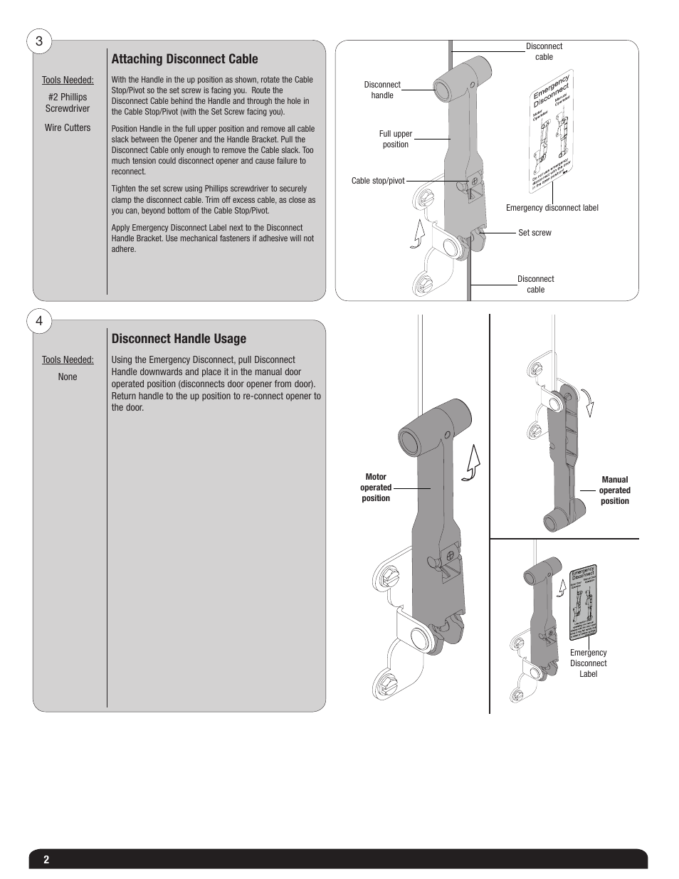 Attaching disconnect cable 3, Disconnect handle usage 4 | Wayne-Dalton 342295 User Manual | Page 2 / 2