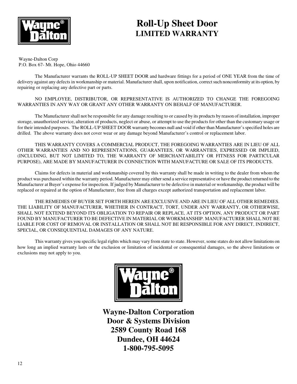 Roll-up sheet door, Limited warranty | Wayne-Dalton DS-350 User Manual | Page 12 / 12