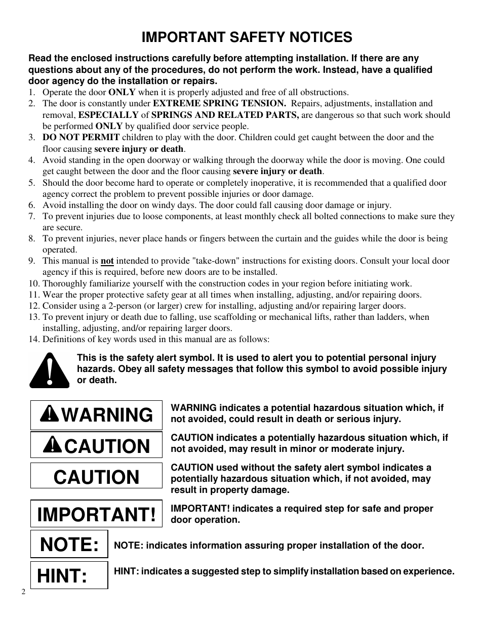 Caution, Warning, Important safety notices | Wayne-Dalton DS-350 User Manual | Page 2 / 12