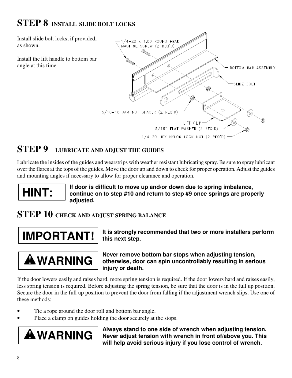 Important, Warning, Hint | Step 8, Step 9, Step 10 | Wayne-Dalton DS-350 User Manual | Page 8 / 12