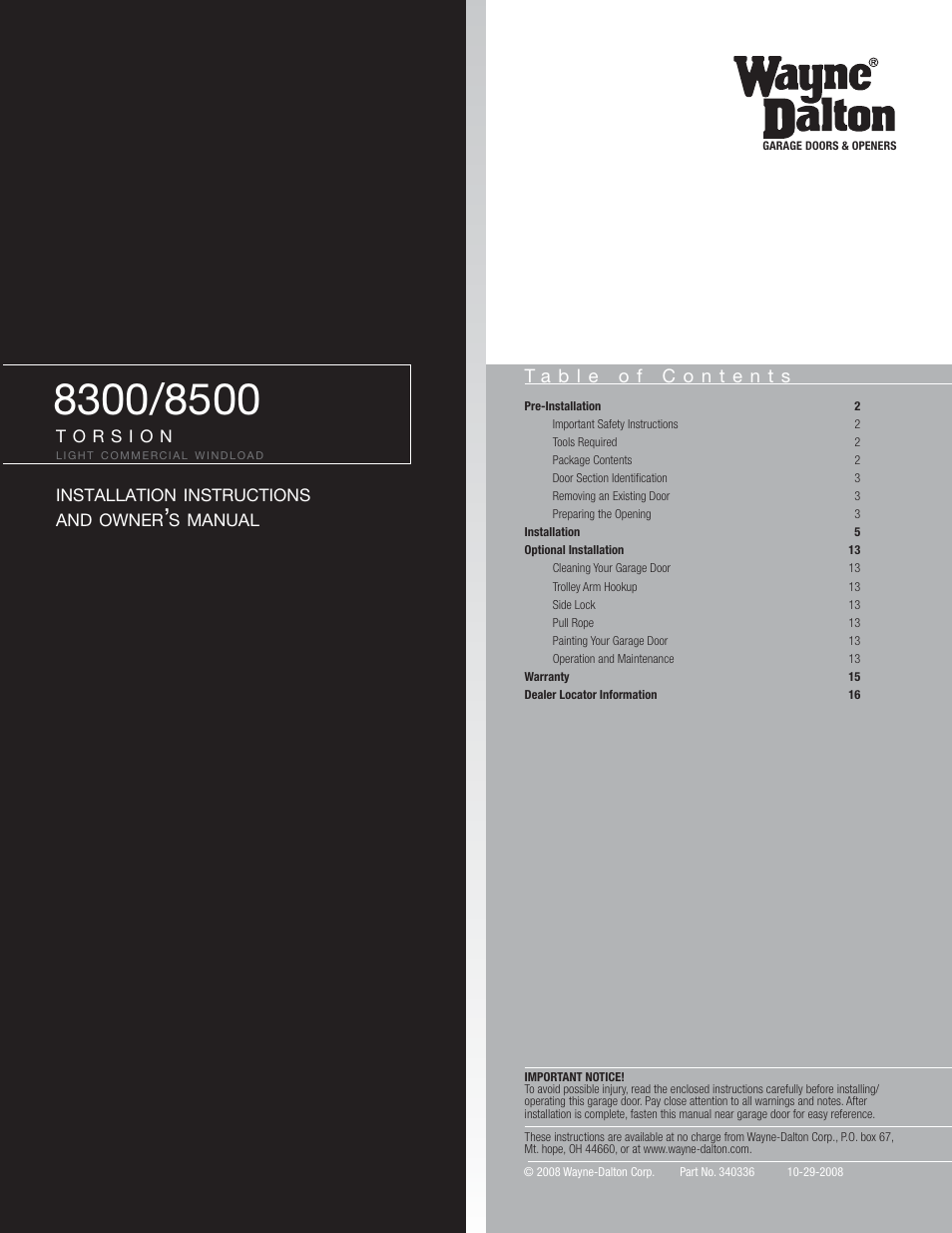 Wayne-Dalton TORSION 8500 User Manual | 16 pages