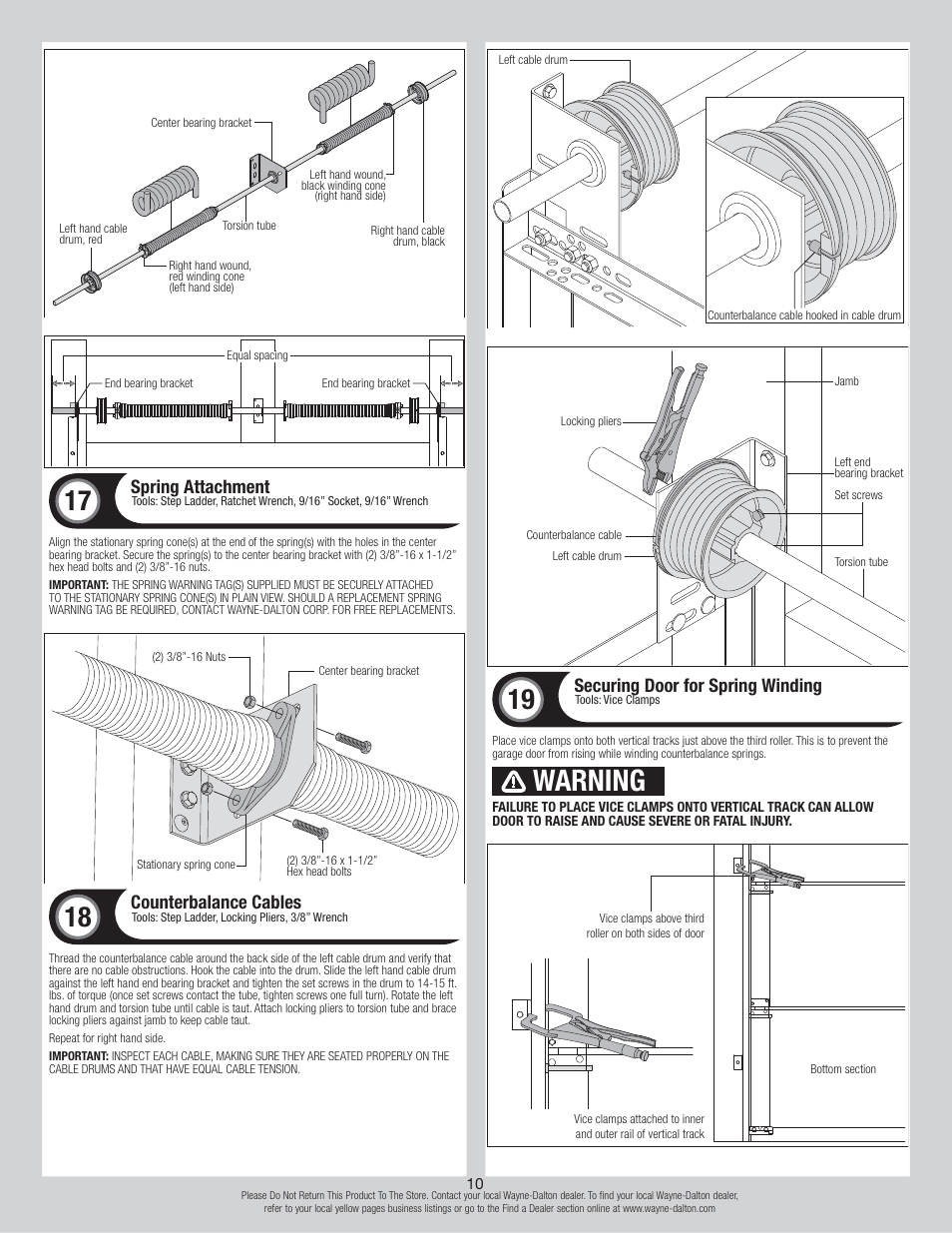 Warning, Spring attachment, Counterbalance cables | Securing door for spring winding | Wayne-Dalton TORSION 8500 User Manual | Page 10 / 16