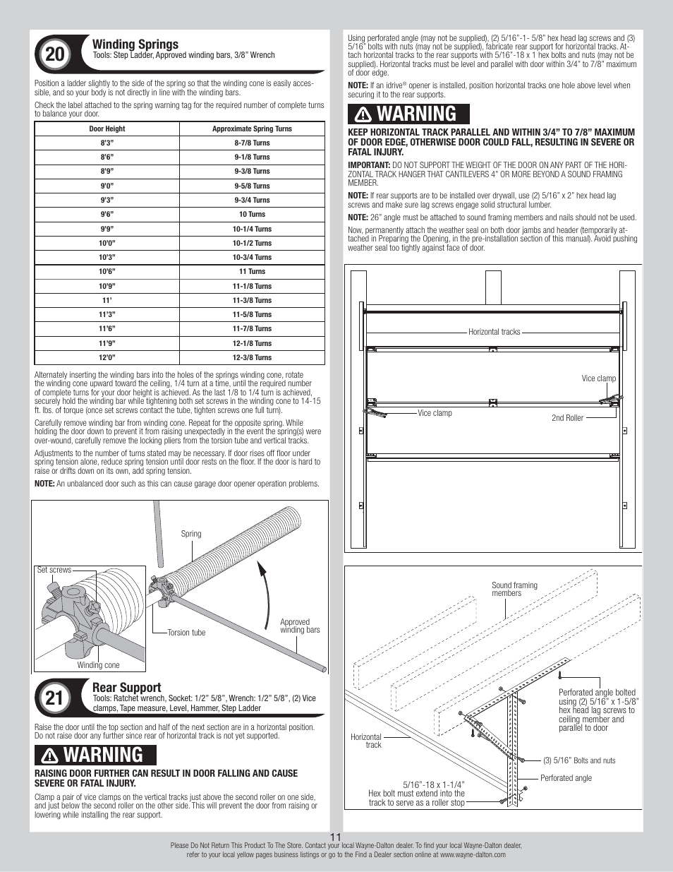 Warning, Winding springs, Rear support | Wayne-Dalton TORSION 8500 User Manual | Page 11 / 16