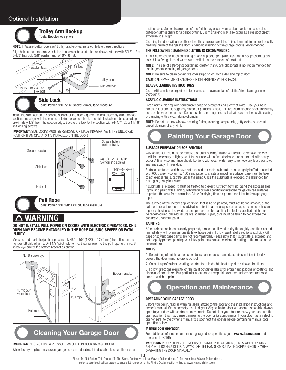 Warning, Cleaning your garage door, Painting your garage door | Operation and maintenance, Trolley arm hookup, Side lock, Pull rope, Optional installation | Wayne-Dalton TORSION 8500 User Manual | Page 13 / 16