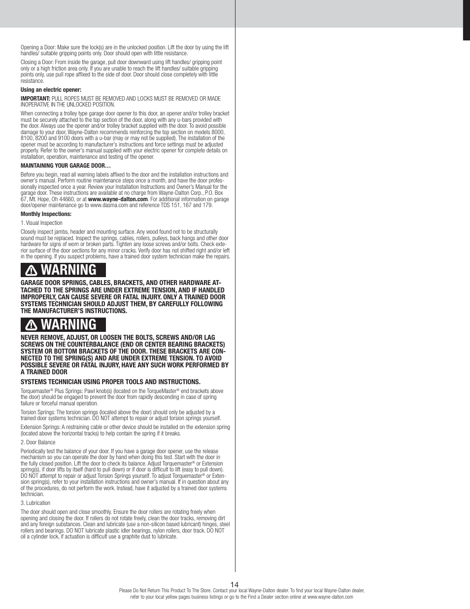 Warning | Wayne-Dalton TORSION 8500 User Manual | Page 14 / 16