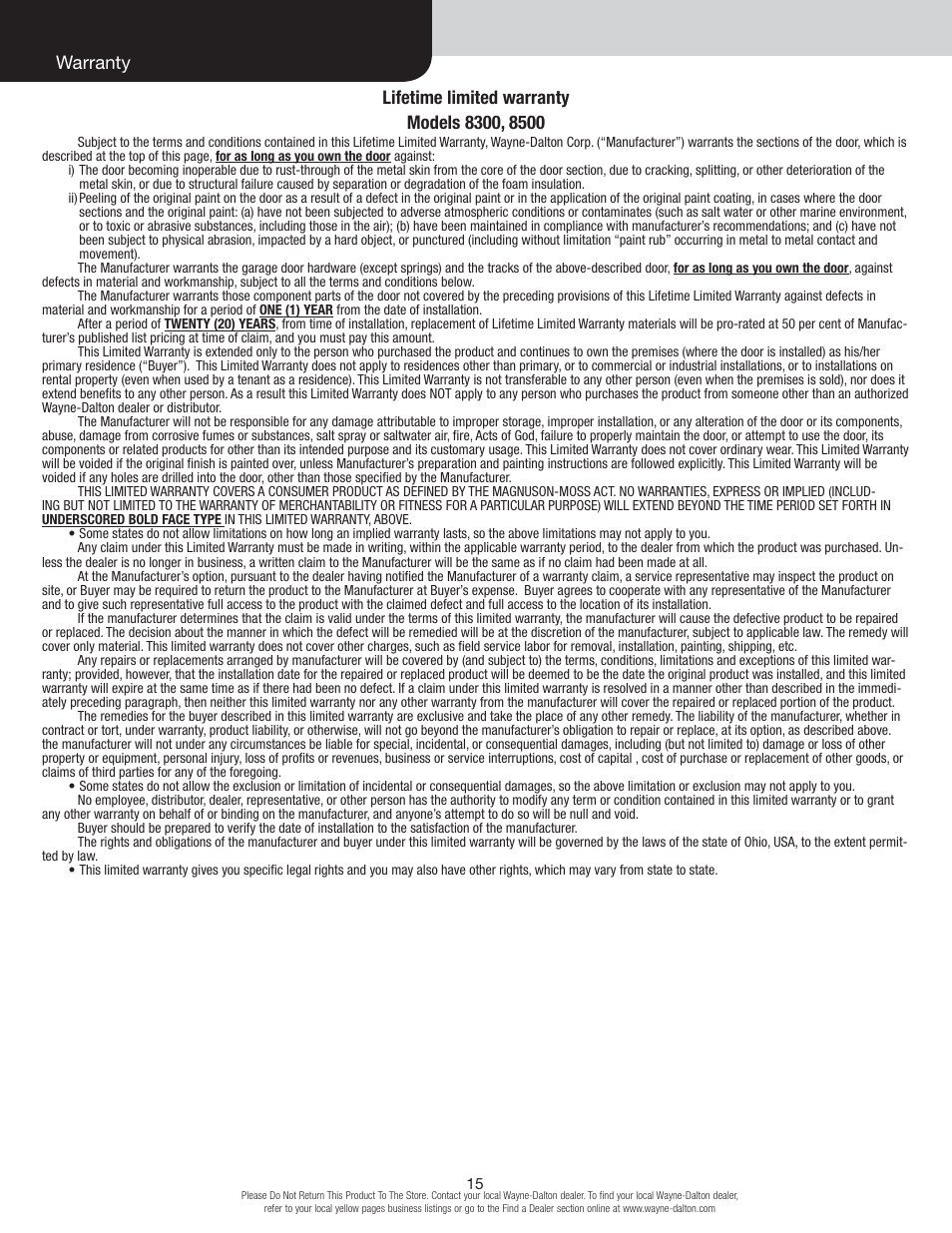Warranty | Wayne-Dalton TORSION 8500 User Manual | Page 15 / 16