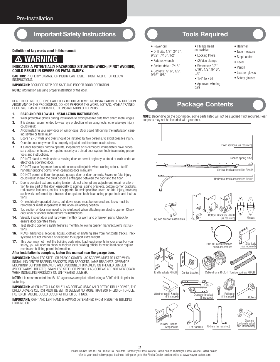 Warning, Important safety instructions, Tools required | Package contents, Pre-installation | Wayne-Dalton TORSION 8500 User Manual | Page 2 / 16