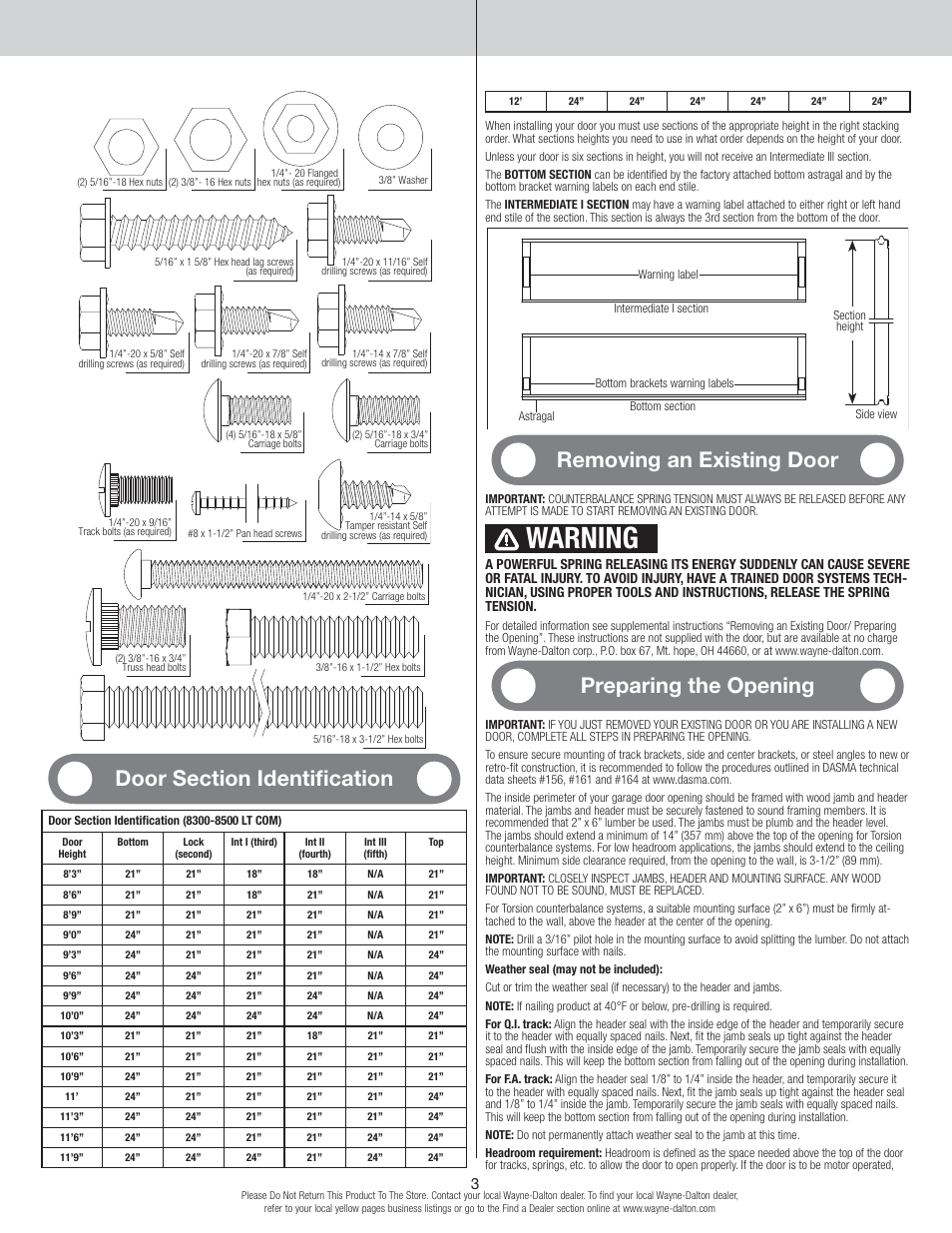 Warning, Removing an existing door, Preparing the opening | Wayne-Dalton TORSION 8500 User Manual | Page 3 / 16