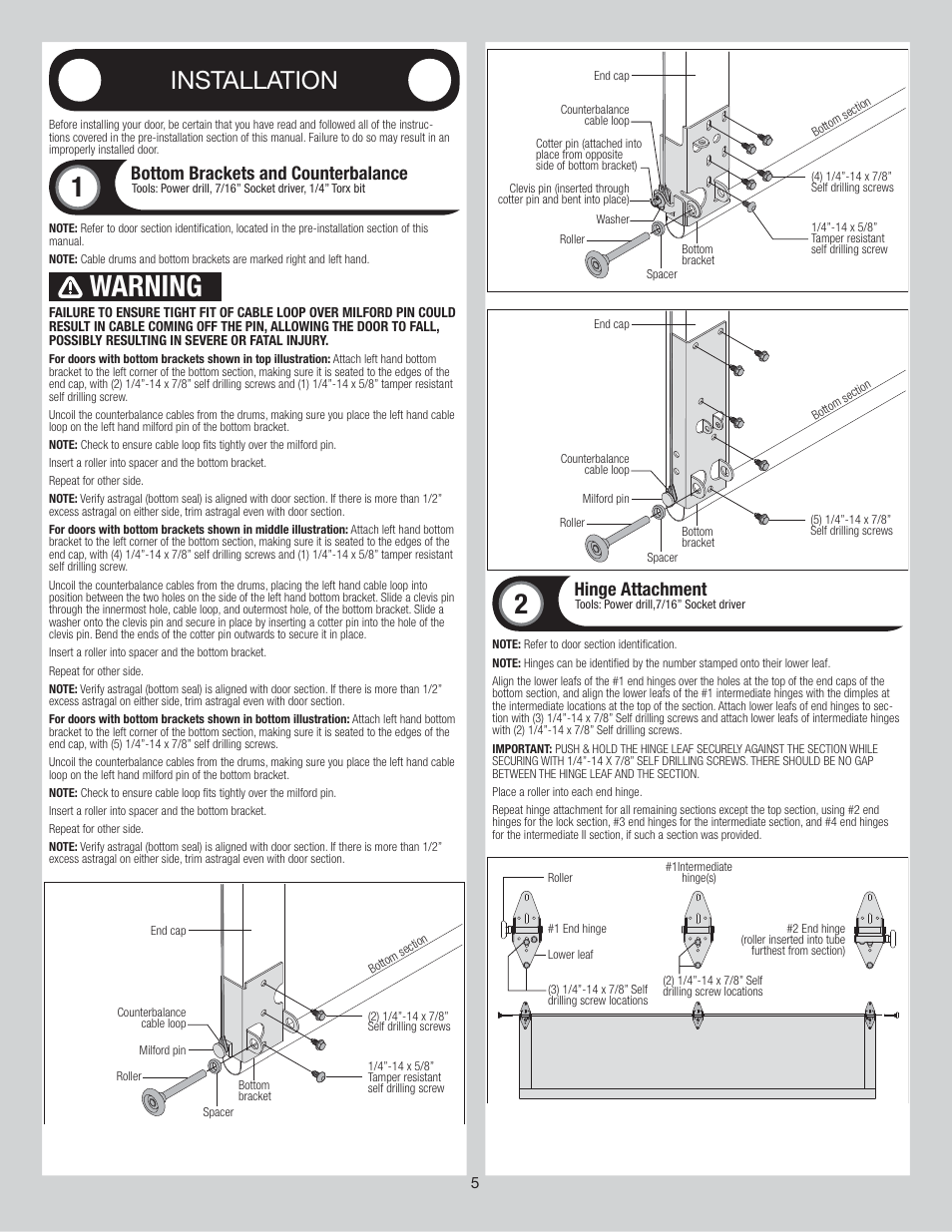 Warning, Installation, Bottom brackets and counterbalance | Hinge attachment | Wayne-Dalton TORSION 8500 User Manual | Page 5 / 16